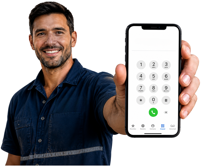 Lindfield Blocked Drains plumber holding a phone — call 1300 261 965