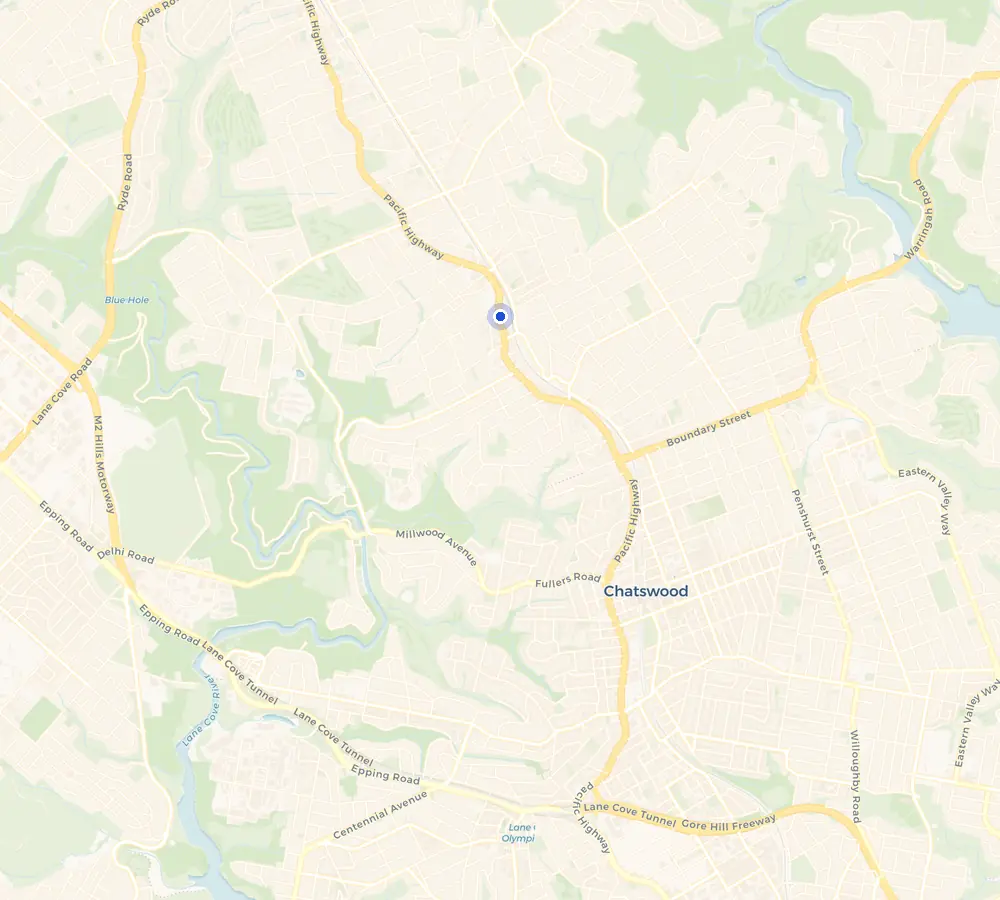 Map of the Lindfield service area and the surrounding Upper North Shore, showing Lindfield and the nearby streets we cover.