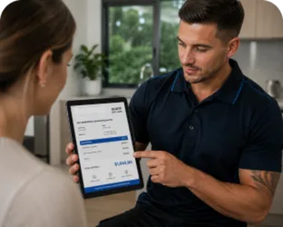 Plumber showing a Lindfield customer the quote on a tablet