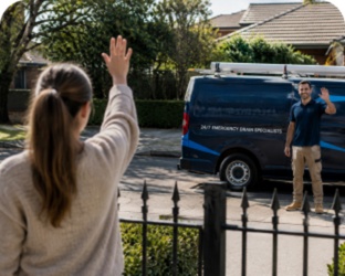 Customer waving goodbye to a Lindfield Blocked Drains plumber
